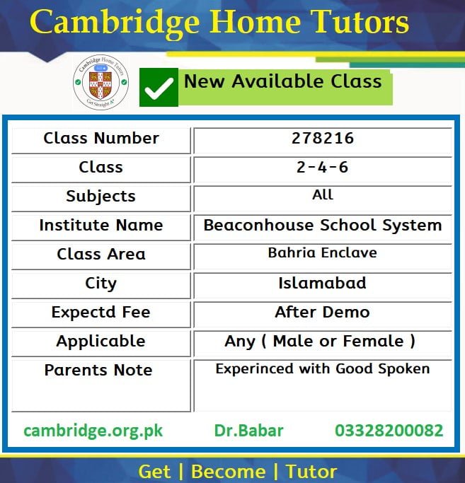 Home Tutor for Class 2-4-6 in Bahria Enclave Islamabad