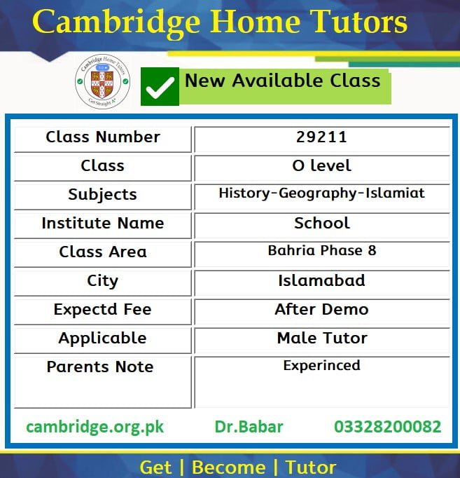 Home Tutor for O level in Bahria Phase 8 Islamabad