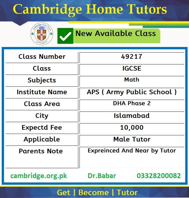 Home Tutor for IGCSE in DHA Phase 2 Islamabad
