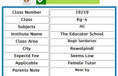 Home Tutor for Class Kg-4 in Bagh Sardarian Rawalpindi
