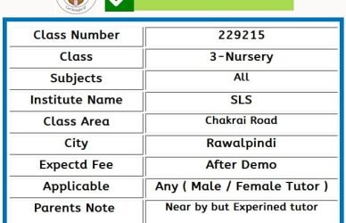 Female Home tutor for class Nursery-3 on Chakri Road Rawalpindi