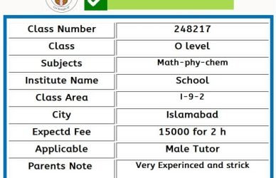 Home Tutor for Class O level in I-9-2 Islamabad