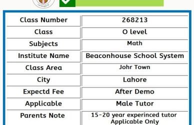 Home Tutor for Class O level in Johar Town Lahore
