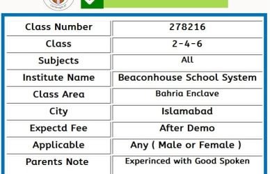 Home Tutor for Class 2-4-6 in Bahria Enclave Islamabad