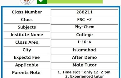 Home Tutor for Class FSC -2 in I-10-4 Islamabad