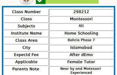 Tutor for Montessori in Bahria Islamabad