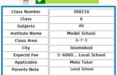 Home Tutor for Class 6 in G-7-3 Islamabad