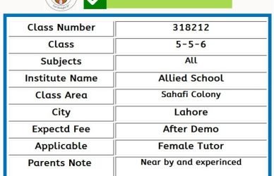 Home Tutor for Class 5-6 in Sahafi Colony Lahore