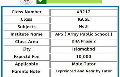Home Tutor for IGCSE in DHA Phase 2 Islamabad