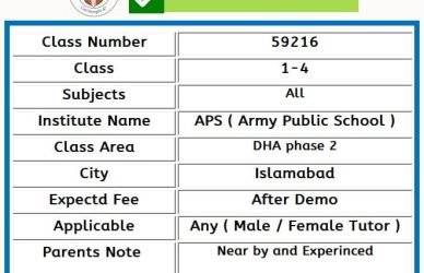 Home Tutor for Class 1-4 in DHA phase 2 Islamabad