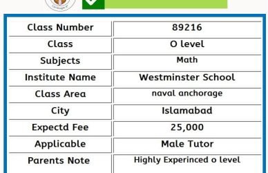 Home Tutor for O level in naval anchorage Islamabad